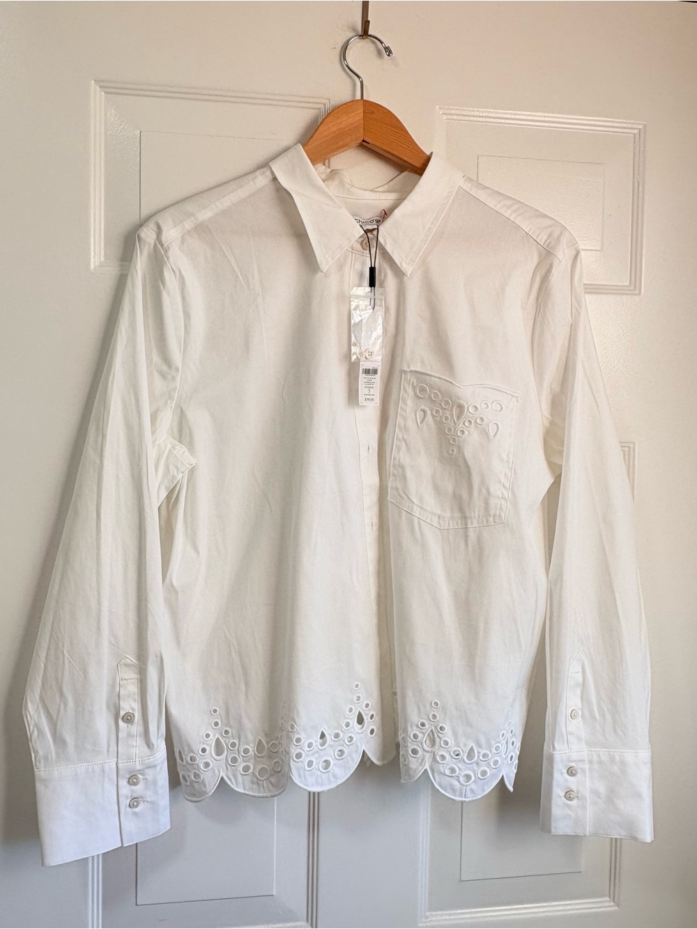 White Eyelet Hem Button-Up Collar Shirt Cotton Blend Chico's 3